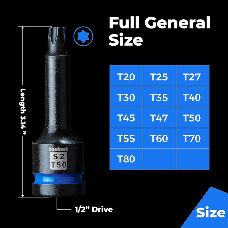 toolant Torx T35 Impact Bit Socket Set 2pcs,1/2" S2 Steel Air Drive Star Sockets, Long High Impact Bits,Professional Mechanic & Automotive Repair Socket Set - Image 5